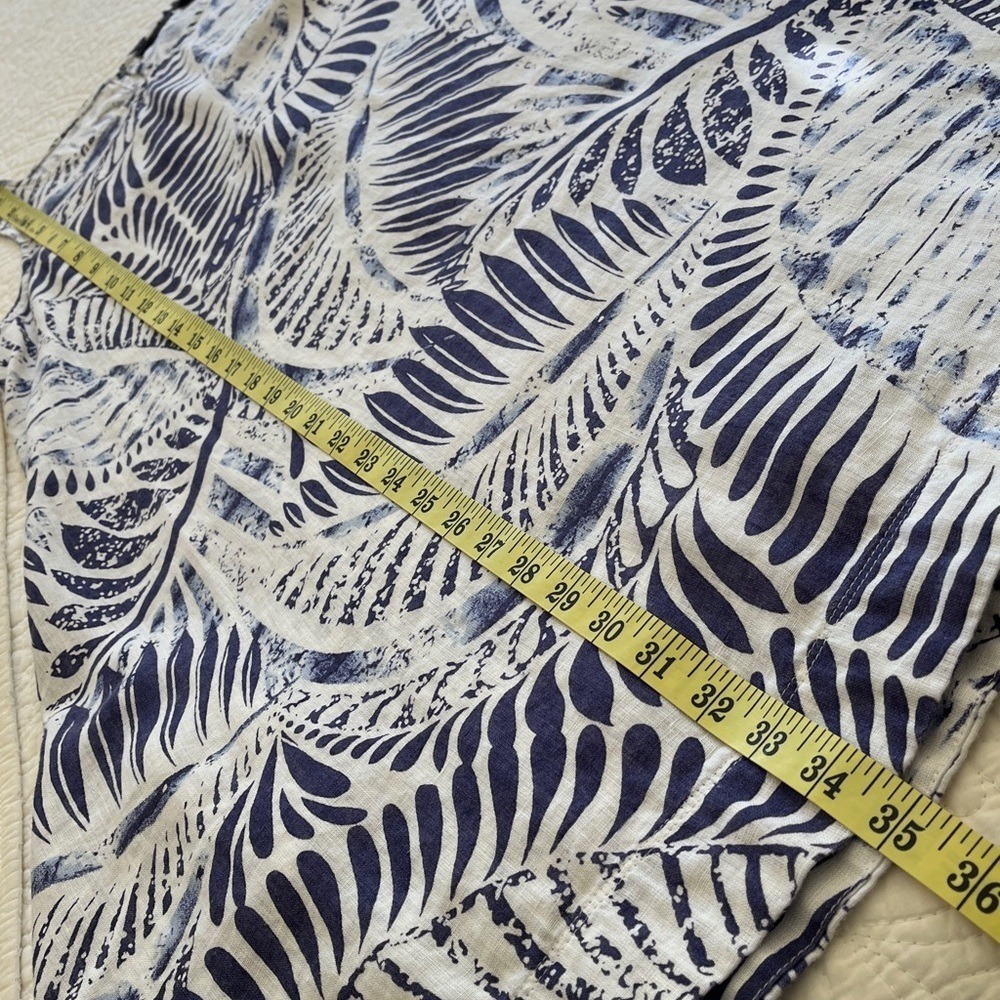 100% Linen Dress Women's Medium Sleeveless Pockets Print Blue White Beach Flare - Picture 11 of 16